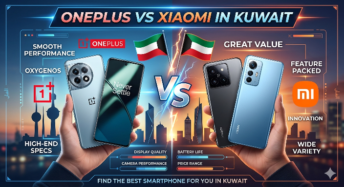This is a image of OnePlus vs Xiaomi in Kuwait with realastic smartphones.