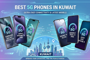 Banner showcasing the Best 5G Phones in Kuwait, featuring Samsung Galaxy S24 Ultra, Apple iPhone 15 Pro, OnePlus 12, Xiaomi 14 Ultra, Google Pixel 8 Pro, and Asus ROG Phone 8 with ultra-fast connectivity and latest smartphone models.