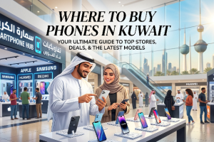Where to Buy Phones in Kuwait – a modern shopping mall featuring a smartphone store with displays of Apple, Samsung, Huawei, and Redmi devices, where a couple is exploring and comparing the latest mobile phones.