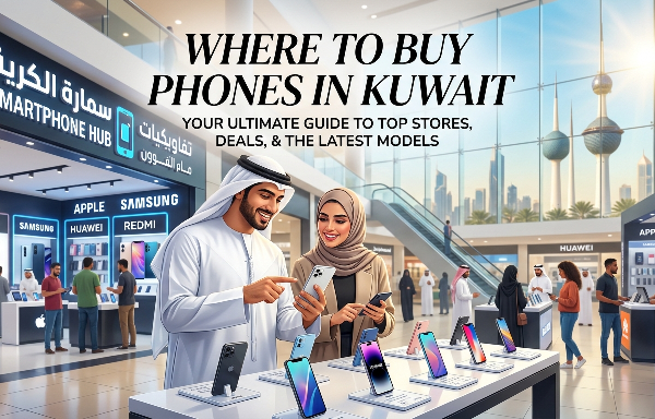 Where to Buy Phones in Kuwait – a modern shopping mall featuring a smartphone store with displays of Apple, Samsung, Huawei, and Redmi devices, where a couple is exploring and comparing the latest mobile phones.
