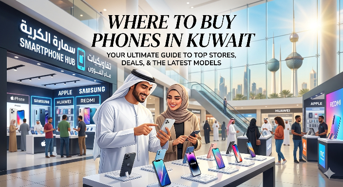 Where to Buy Phones in Kuwait – a modern shopping mall featuring a smartphone store with displays of Apple, Samsung, Huawei, and Redmi devices, where a couple is exploring and comparing the latest mobile phones.