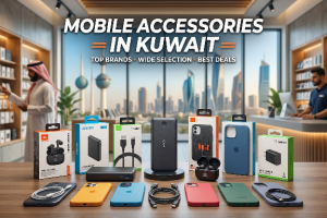Mobile Accessories in Kuwait displayed in a modern retail store, featuring phone cases, charging cables, power banks, wireless earbuds, and top brand products with a wide selection and best deals.