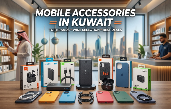 Mobile Accessories in Kuwait displayed in a modern retail store, featuring phone cases, charging cables, power banks, wireless earbuds, and top brand products with a wide selection and best deals.