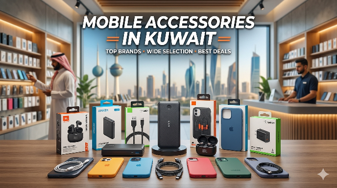 Mobile Accessories in Kuwait displayed in a modern retail store, featuring phone cases, charging cables, power banks, wireless earbuds, and top brand products with a wide selection and best deals.