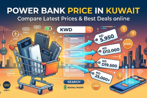 Illustration showing Power Bank Price in Kuwait, featuring a shopping cart filled with portable chargers, USB-C fast charging icons, and a mobile screen comparing prices in Kuwaiti Dinar (KWD) ranging from KD 5.950 to KD 25.000+, with a Kuwait city skyline in the background.