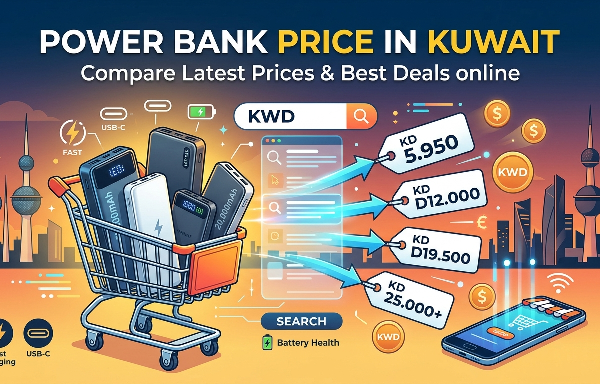 Illustration showing Power Bank Price in Kuwait, featuring a shopping cart filled with portable chargers, USB-C fast charging icons, and a mobile screen comparing prices in Kuwaiti Dinar (KWD) ranging from KD 5.950 to KD 25.000+, with a Kuwait city skyline in the background.