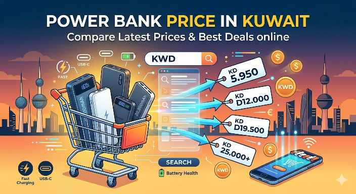 Illustration showing Power Bank Price in Kuwait, featuring a shopping cart filled with portable chargers, USB-C fast charging icons, and a mobile screen comparing prices in Kuwaiti Dinar (KWD) ranging from KD 5.950 to KD 25.000+, with a Kuwait city skyline in the background.