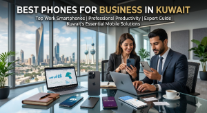 Professional business professionals in a modern Kuwait office comparing smartphones and laptops, showcasing the Best Phones for Business in Kuwait with a city skyline view, highlighting productivity, mobile technology, and corporate work environment.