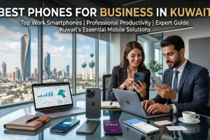 Professional business professionals in a modern Kuwait office comparing smartphones and laptops, showcasing the Best Phones for Business in Kuwait with a city skyline view, highlighting productivity, mobile technology, and corporate work environment.