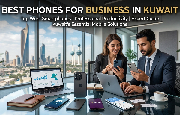 Professional business professionals in a modern Kuwait office comparing smartphones and laptops, showcasing the Best Phones for Business in Kuwait with a city skyline view, highlighting productivity, mobile technology, and corporate work environment.