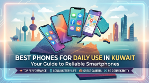 Colorful illustration of multiple modern smartphones floating above a stylized map and skyline of Kuwait, highlighting apps, navigation, and connectivity, with the title ‘Best Phones for Daily Use in Kuwait’ and icons representing top performance, long battery life, great camera, and 5G connectivity