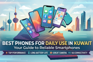 Colorful illustration of multiple modern smartphones floating above a stylized map and skyline of Kuwait, highlighting apps, navigation, and connectivity, with the title ‘Best Phones for Daily Use in Kuwait’ and icons representing top performance, long battery life, great camera, and 5G connectivity