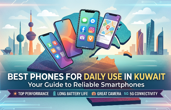 Colorful illustration of multiple modern smartphones floating above a stylized map and skyline of Kuwait, highlighting apps, navigation, and connectivity, with the title ‘Best Phones for Daily Use in Kuwait’ and icons representing top performance, long battery life, great camera, and 5G connectivity