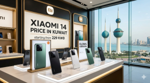 A promotional display inside a Xiaomi store in Kuwait featuring the Xiaomi 14 series. The foreground shows several Xiaomi 14 smartphones in Black, White, and Jade Green colors on sleek white pedestals. A prominent sign in the background reads "Xiaomi 14 Price in Kuwait starting from 229 KWD" alongside the Xiaomi logo. Large floor-to-ceiling windows offer a scenic view of the iconic Kuwait Towers and the sea, emphasizing the local market.