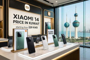 A promotional display inside a Xiaomi store in Kuwait featuring the Xiaomi 14 series. The foreground shows several Xiaomi 14 smartphones in Black, White, and Jade Green colors on sleek white pedestals. A prominent sign in the background reads "Xiaomi 14 Price in Kuwait starting from 229 KWD" alongside the Xiaomi logo. Large floor-to-ceiling windows offer a scenic view of the iconic Kuwait Towers and the sea, emphasizing the local market.
