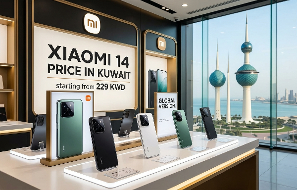A promotional display inside a Xiaomi store in Kuwait featuring the Xiaomi 14 series. The foreground shows several Xiaomi 14 smartphones in Black, White, and Jade Green colors on sleek white pedestals. A prominent sign in the background reads "Xiaomi 14 Price in Kuwait starting from 229 KWD" alongside the Xiaomi logo. Large floor-to-ceiling windows offer a scenic view of the iconic Kuwait Towers and the sea, emphasizing the local market.