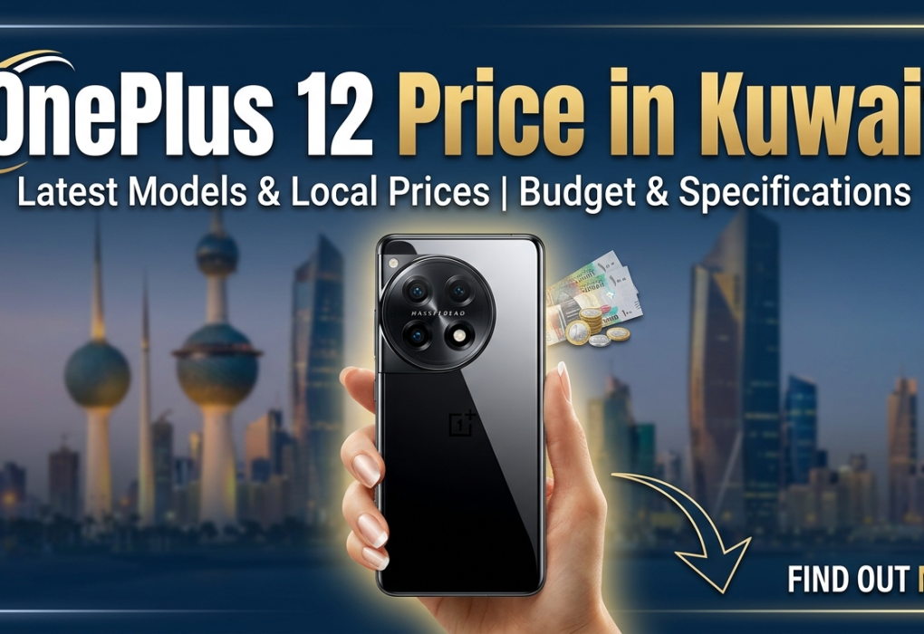 Promotional banner showing the OnePlus 12 smartphone held in hand with Kuwait skyline background and text highlighting OnePlus 12 Price in Kuwait, latest models, local prices, budget, and specifications.