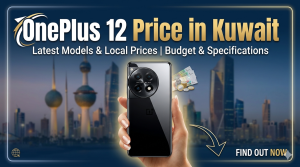 Promotional banner showing the OnePlus 12 smartphone held in hand with Kuwait skyline background and text highlighting OnePlus 12 Price in Kuwait, latest models, local prices, budget, and specifications.