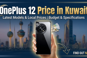 Promotional banner showing the OnePlus 12 smartphone held in hand with Kuwait skyline background and text highlighting OnePlus 12 Price in Kuwait, latest models, local prices, budget, and specifications.