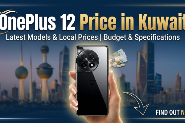 Promotional banner showing the OnePlus 12 smartphone held in hand with Kuwait skyline background and text highlighting OnePlus 12 Price in Kuwait, latest models, local prices, budget, and specifications.