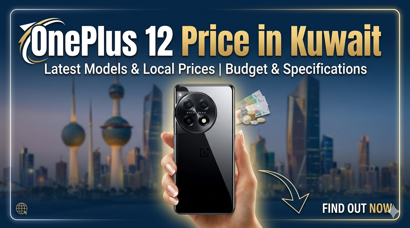 Promotional banner showing the OnePlus 12 smartphone held in hand with Kuwait skyline background and text highlighting OnePlus 12 Price in Kuwait, latest models, local prices, budget, and specifications.