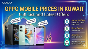 ​An informative graphic displaying Oppo mobile price in Kuwait for various series, including the flagship Find N3, mid-range Reno series, and affordable A series, along with mentions of installment plans and trade-in offers.