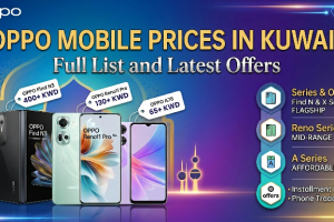 ​An informative graphic displaying Oppo mobile price in Kuwait for various series, including the flagship Find N3, mid-range Reno series, and affordable A series, along with mentions of installment plans and trade-in offers.