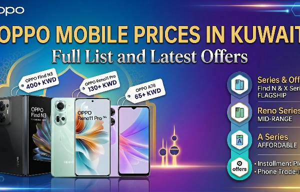 ​An informative graphic displaying Oppo mobile price in Kuwait for various series, including the flagship Find N3, mid-range Reno series, and affordable A series, along with mentions of installment plans and trade-in offers.