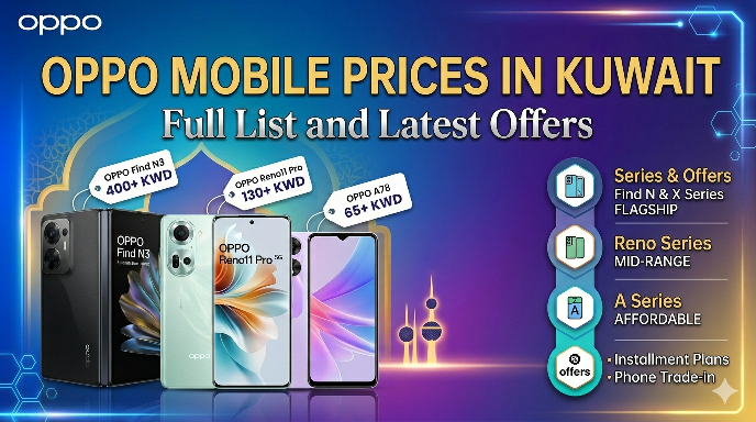 ​An informative graphic displaying Oppo mobile price in Kuwait for various series, including the flagship Find N3, mid-range Reno series, and affordable A series, along with mentions of installment plans and trade-in offers.