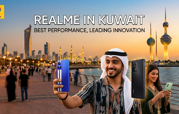 An advertising banner for realme phones in Kuwait, featuring people taking selfies on a vibrant waterfront with the iconic Kuwait Towers in the background during sunset. The image includes the realme logo and the text 'REALME IN KUWAIT, BEST PERFORMANCE, LEADING INNOVATION
