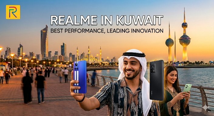 An advertising banner for realme phones in Kuwait, featuring people taking selfies on a vibrant waterfront with the iconic Kuwait Towers in the background during sunset. The image includes the realme logo and the text 'REALME IN KUWAIT, BEST PERFORMANCE, LEADING INNOVATION