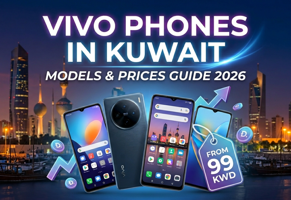 Vivo Phones Kuwait Price guide 2026 featuring latest Vivo smartphone models with Kuwait skyline background and starting prices in KWD.