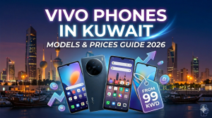 Vivo Phones Kuwait Price guide 2026 featuring latest Vivo smartphone models with Kuwait skyline background and starting prices in KWD.