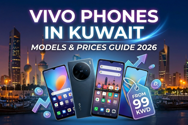 Vivo Phones Kuwait Price guide 2026 featuring latest Vivo smartphone models with Kuwait skyline background and starting prices in KWD.