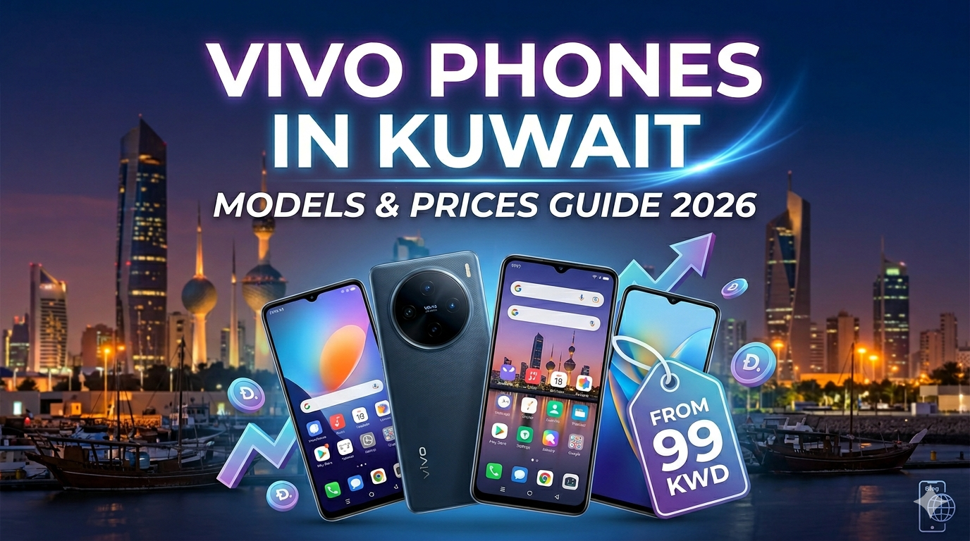 Vivo Phones Kuwait Price guide 2026 featuring latest Vivo smartphone models with Kuwait skyline background and starting prices in KWD.