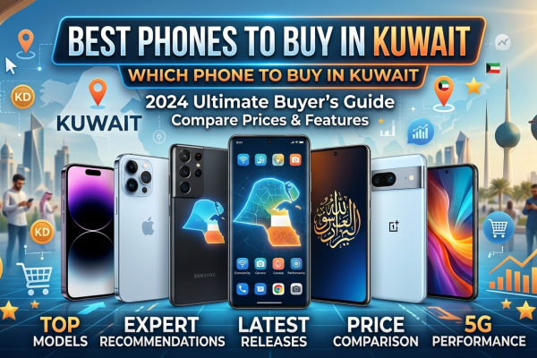An infographic for a blog post titled "Which Phone to Buy in Kuwait" featuring several smartphones in front of the Kuwait Towers and Kuwait City skyline, offering advice for a 2024 buyer’s guide