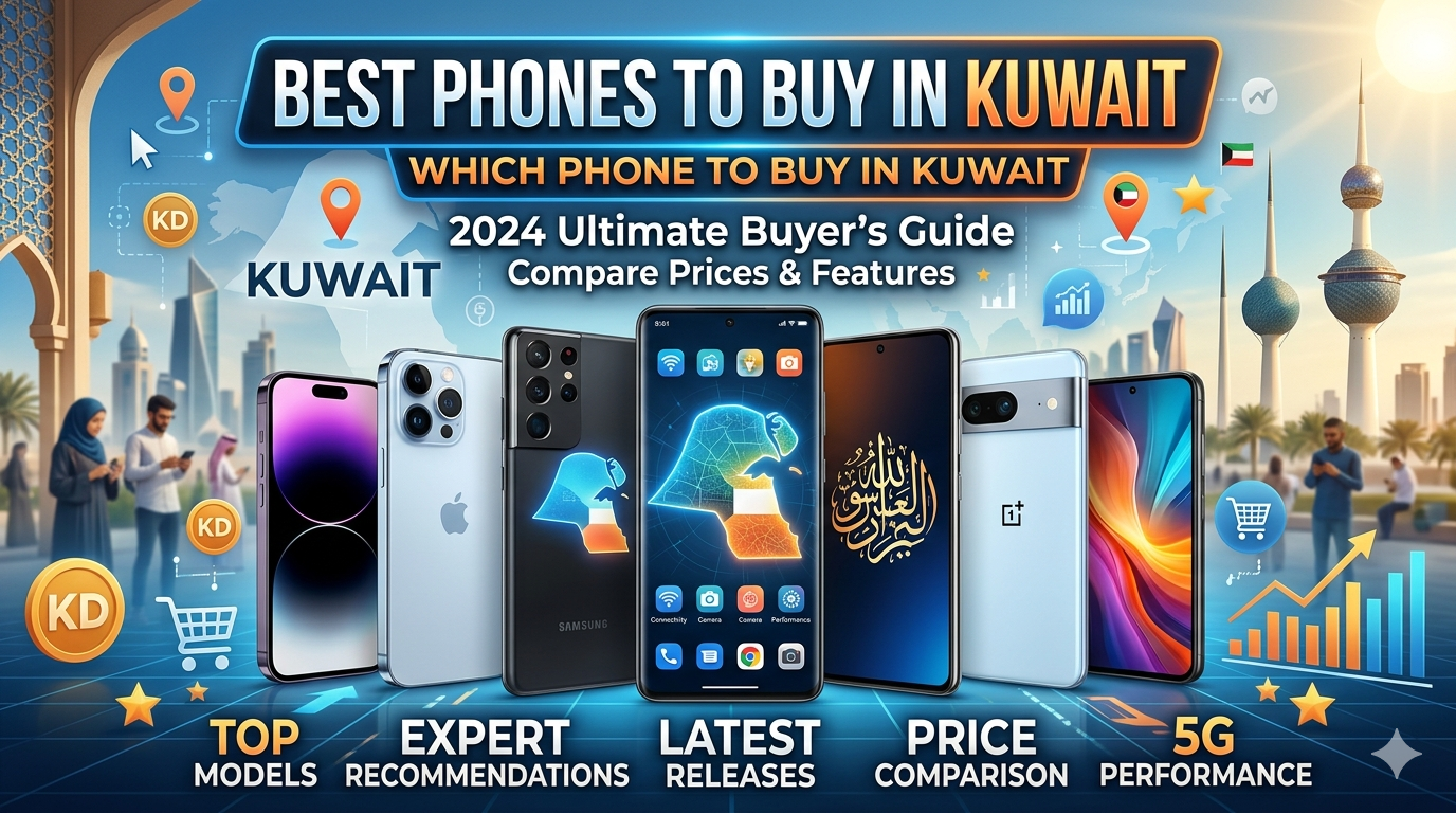 An infographic for a blog post titled "Which Phone to Buy in Kuwait" featuring several smartphones in front of the Kuwait Towers and Kuwait City skyline, offering advice for a 2024 buyer’s guide