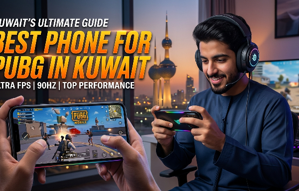 ​A digital poster with the text "KUWAIT’S ULTIMATE GUIDE: BEST PHONE FOR PUBG IN KUWAIT" in bold orange letters, featuring a smiling man in a Thobe playing a game on a smartphone. Below the main text are technical details: "ULTRA FPS | 90HZ | TOP PERFORMANCE." The foreground shows close-up hands holding a smartphone with the PUBG Mobile game in action. In the background is a window view of the lit Kuwait Towers at night.