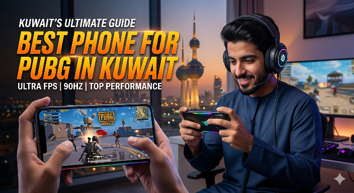 ​A digital poster with the text "KUWAIT’S ULTIMATE GUIDE: BEST PHONE FOR PUBG IN KUWAIT" in bold orange letters, featuring a smiling man in a Thobe playing a game on a smartphone. Below the main text are technical details: "ULTRA FPS | 90HZ | TOP PERFORMANCE." The foreground shows close-up hands holding a smartphone with the PUBG Mobile game in action. In the background is a window view of the lit Kuwait Towers at night.