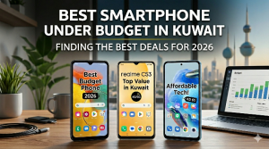 Three budget smartphones displayed on a desk with a laptop and a Kuwait city skyline in the background, featuring text that highlights the best smartphone under budget in Kuwait for 2026, including models like the Realme C53