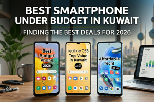 Three budget smartphones displayed on a desk with a laptop and a Kuwait city skyline in the background, featuring text that highlights the best smartphone under budget in Kuwait for 2026, including models like the Realme C53