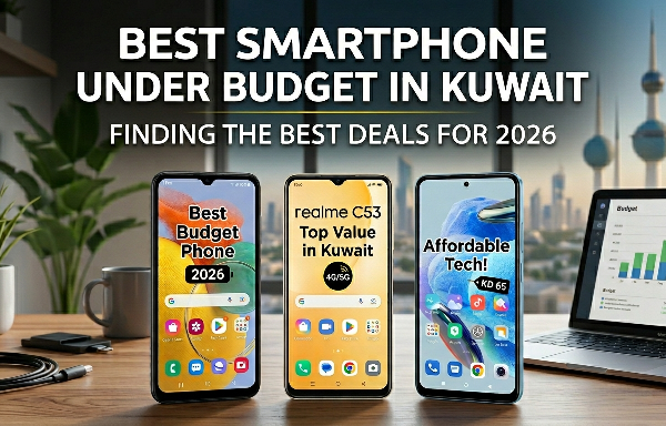 Three budget smartphones displayed on a desk with a laptop and a Kuwait city skyline in the background, featuring text that highlights the best smartphone under budget in Kuwait for 2026, including models like the Realme C53