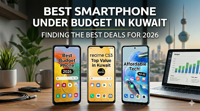 Three budget smartphones displayed on a desk with a laptop and a Kuwait city skyline in the background, featuring text that highlights the best smartphone under budget in Kuwait for 2026, including models like the Realme C53