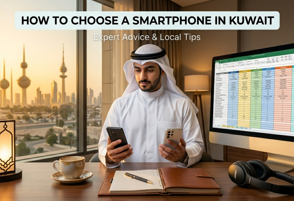 A man in traditional Kuwaiti attire comparing two smartphones at a desk with a spreadsheet on his computer monitor, featuring the headline "HOW TO CHOOSE A SMARTPHONE IN KUWAIT.