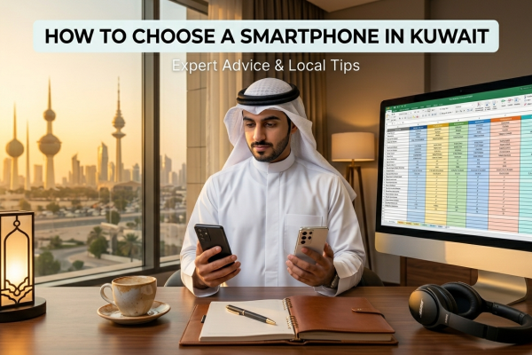 A man in traditional Kuwaiti attire comparing two smartphones at a desk with a spreadsheet on his computer monitor, featuring the headline "HOW TO CHOOSE A SMARTPHONE IN KUWAIT.