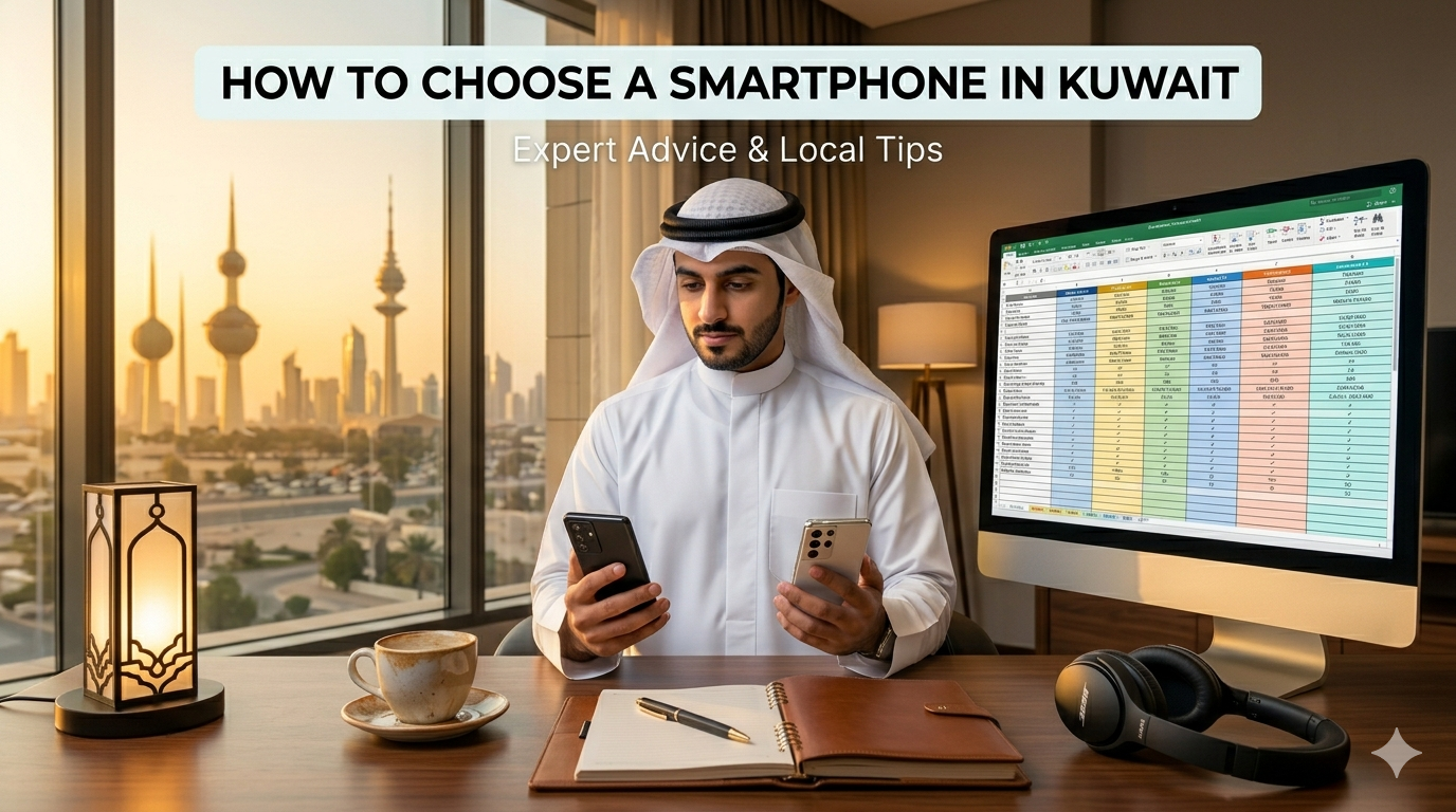 A man in traditional Kuwaiti attire comparing two smartphones at a desk with a spreadsheet on his computer monitor, featuring the headline "HOW TO CHOOSE A SMARTPHONE IN KUWAIT.