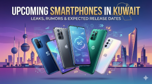 An infographic and visual guide with the headline 'UPCOMING SMARTPHONES IN KUWAIT: LEAKS, RUMORS & EXPECTED RELEASE DATES', featuring a collage of current smartphone models against the iconic Kuwait City skyline, incorporating a 5G data interface and the Kuwaiti flag