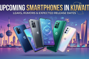 An infographic and visual guide with the headline 'UPCOMING SMARTPHONES IN KUWAIT: LEAKS, RUMORS & EXPECTED RELEASE DATES', featuring a collage of current smartphone models against the iconic Kuwait City skyline, incorporating a 5G data interface and the Kuwaiti flag