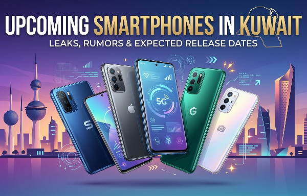 An infographic and visual guide with the headline 'UPCOMING SMARTPHONES IN KUWAIT: LEAKS, RUMORS & EXPECTED RELEASE DATES', featuring a collage of current smartphone models against the iconic Kuwait City skyline, incorporating a 5G data interface and the Kuwaiti flag