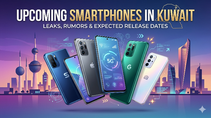 An infographic and visual guide with the headline 'UPCOMING SMARTPHONES IN KUWAIT: LEAKS, RUMORS & EXPECTED RELEASE DATES', featuring a collage of current smartphone models against the iconic Kuwait City skyline, incorporating a 5G data interface and the Kuwaiti flag